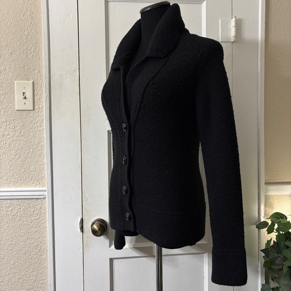 Anthropologie Moth Black Knit Wide Collar Form Fitting Sweater Jacket Cardigan - Picture 9 of 14